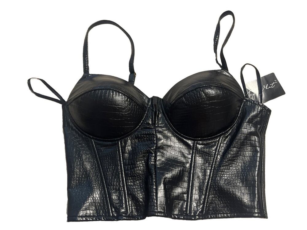 Say What Black Faux Leather Bustier Corset Crop Punk Biker Club Push Up Top M
